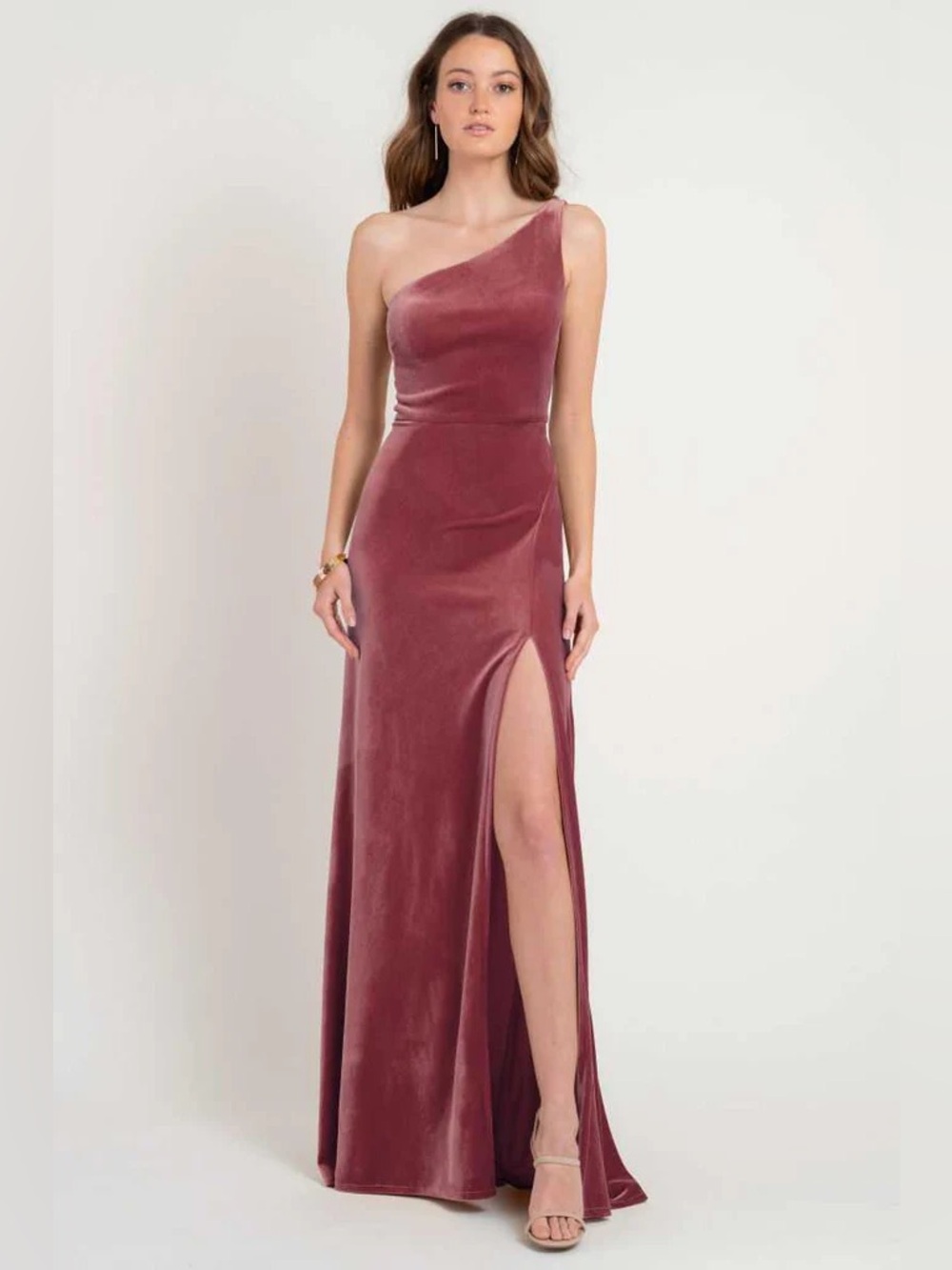 Jenny Yoo One-Shoulder Velvet Gown in Cinnamon Rose